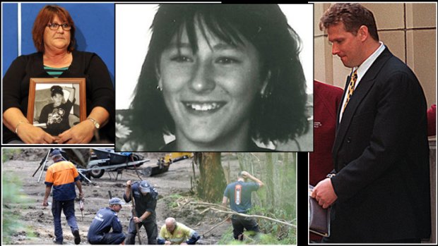 Clockwise from centre: Murdered teenager Prue Bird; her confessed killer, Leslie Alfred Camilleri at a hearing several years ago; police search for Prue's body in East Gippsland; Prue’s mother, Jennifer Bird, with a picture of her daughter.
