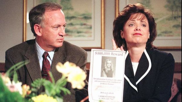 John and Patsy Ramsey in 1997 promising a reward for information leading to the arrest and conviction of the murderer of their 6-year-old daughter, JonBenet.