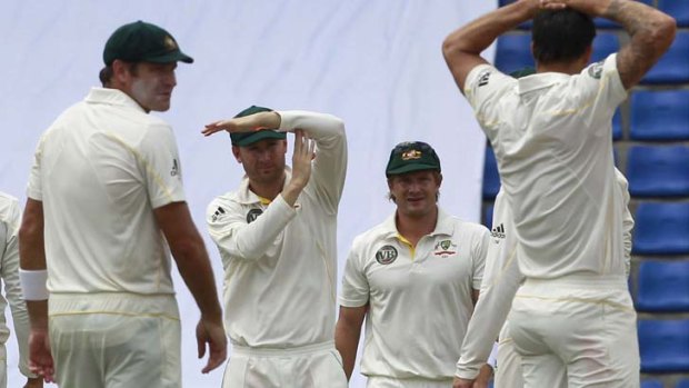 Close call &#8230; Michael Clarke calls for a third-umpire decision on the fourth day of the second Test with Sri Lanka.