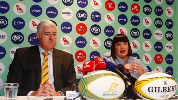 Proud moment: Castle speaks to the media alongside Rugby Australia chairman Cameron Clyne at a press conference announcing her appointment as CEO.