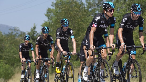 Team Sky: Ireland's Nicolas Roche, Britain's Geraint Thomas, Britain's Chris Froome, and Australia's Richie Porte, from right to left, ride during a training on the second rest day of the Tour de France cycling race in Sisteron.