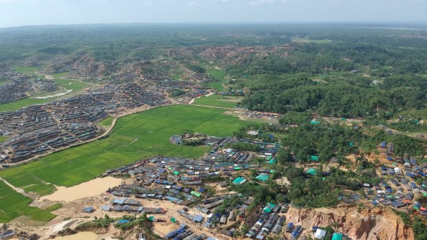 Aerial photo provided by Proactiva Open Arms shows a new Rohingya refugee camp near Phalungkhali, Bangladesh. 