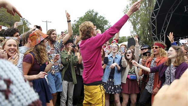 Musical playground &#8230; Kings of Convenience frontman Erlend Oye dances in the crowd at St Jerome's Laneway Festival.