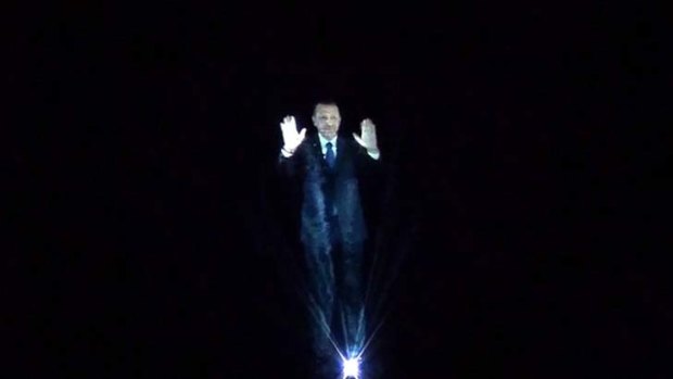 Hologram: Turkish Prime Minister Recep Tayyip Erdogan gives his speech.