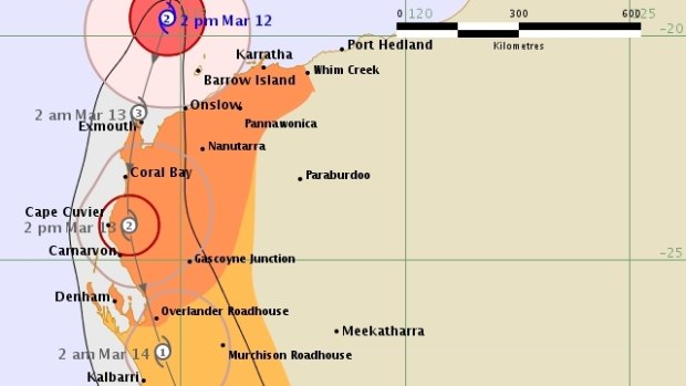 Cyclone Olwyn's predicted path.