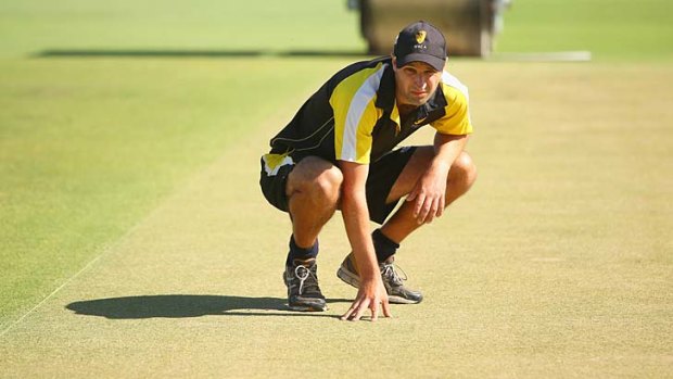 WACA curator Matt Page looks at the pitch after inspection on Wednesday.