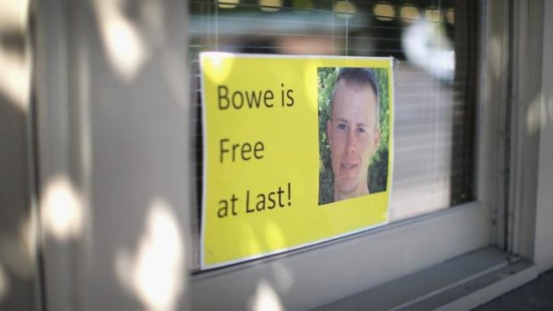 Support ... A sign hangs taped to the outside of a store window, one of the few public displays of support for freed Afghan POW Bowe Bergdahl remaining in his hometown of Hailey, Idaho.