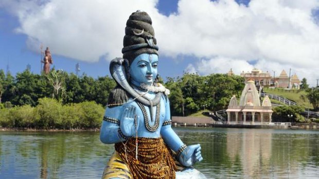 Lord Shiva statue on the Ganga Talao lake or Grand Bassin, the most sacred Hindu place in Mauritius' Bois Cheri village.