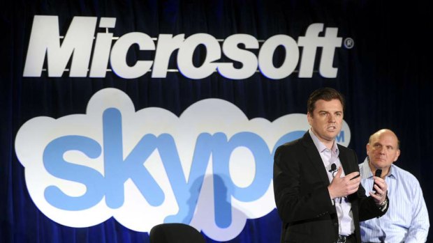 Microsoft CEO Steve Ballmer and Skype CEO Tony Bates announce the acquisition in San Francisco.