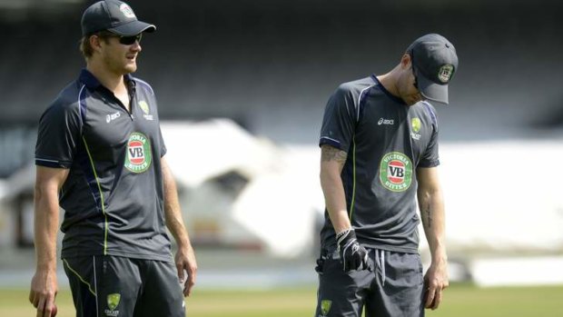 Body language tells it all: Shane Watson and Michael Clarke at a Lord's training session on Tuesday.
