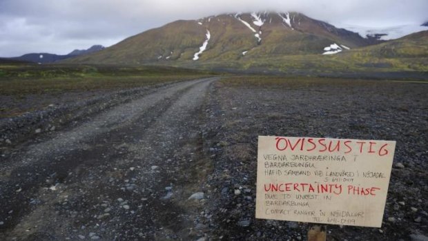 A warning sign blocks the road to the Bardarbunga volcano in the north-west region of the Vatnajokull glacier.