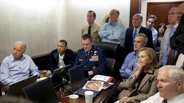 President Barack Obama and Vice President Joe Biden, along with members of the national security team, receive an update on the mission against Osama bin Laden in the Situation Room of the White House, in May 2011.