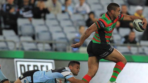 In the clear &#8230; Nathan Merrit makes a bust for the Rabbitohs.