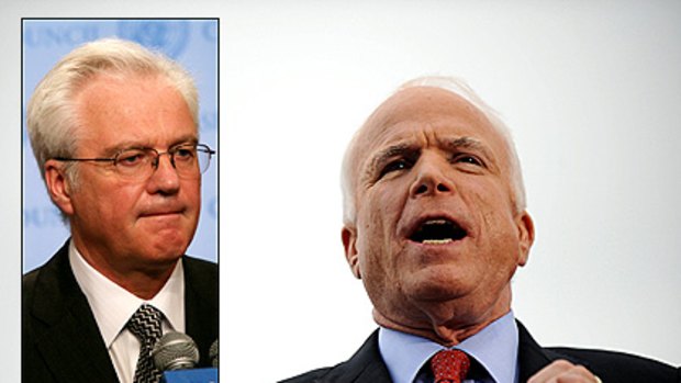 John McCain (right) addresses a rally in Missouri. Inset: Vitaly Churkin (left).