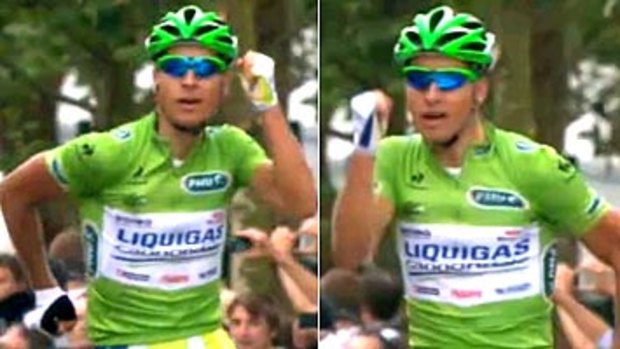 Peter Sagan celebrates his victory in the third stage of the Tour de France with an arm-pumping, Forrest Gump running impersonation.