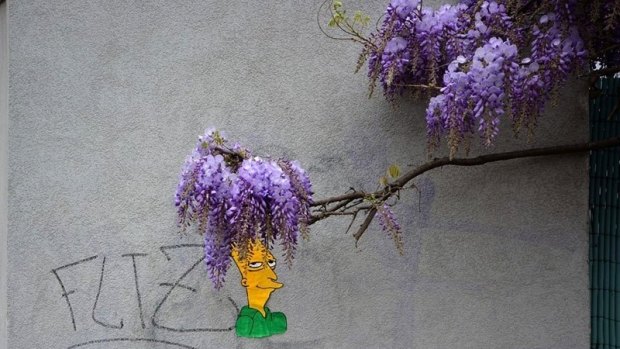 OakOak's street art Sideshow Bob with ephemeral hair.