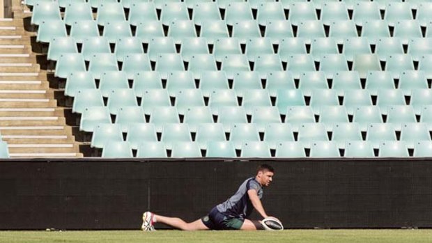 Big unit ... Canberra's latest international, Tom Learoyd-Lahrs, stretches during training for the Kangaroos' Four Nations campaign this week. He has played Sunday's rivals, the Kumuls, twice for Prime Minister's teams.