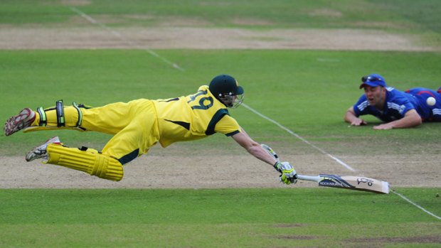 Steve Smith dives to make his ground in the ODI series against England at Lords in June 2012.