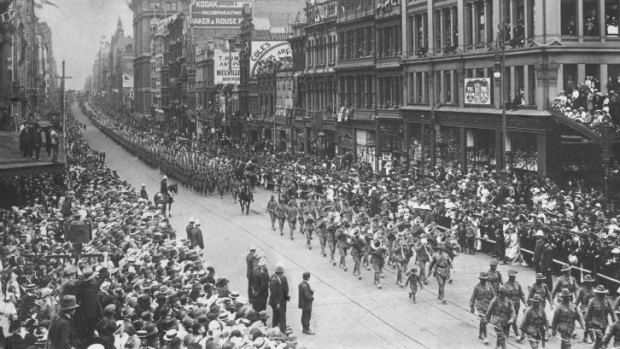 On the move: 15th Battalion marches down Collins Street, Melbourne on its way to war.