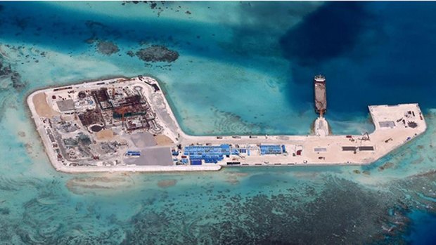 Controversial Chinese development at Hughes Reef in the Union Banks, located in the northern Spratly Islands. 