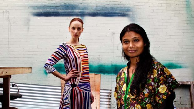 Ethical &#8230; Roopa Pemmaraju with a model showing one of her ''easy, wearable'' designs featuring a print by an indigenous artist.