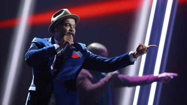 Singer Guy Sebastian rehearses for the 60th annual Eurovision Song Contest.