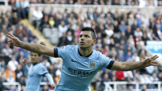 Goal celebrations for Sergio Aguero after scoring against Newcastle in the season opener.