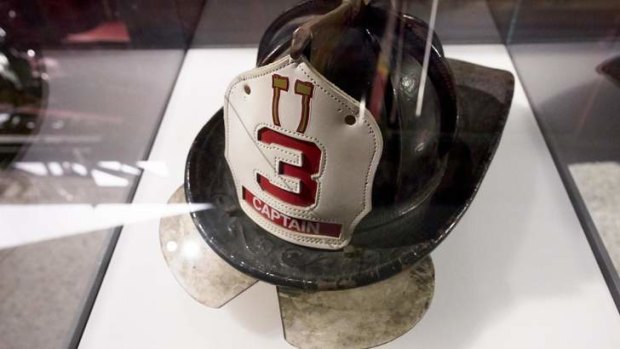 A fire fighter helmet on display at the National September 11 Memorial Museum.
