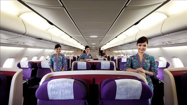 Malaysia Airlines business class cabin on the airline's new Airbus A380 superjumbo.