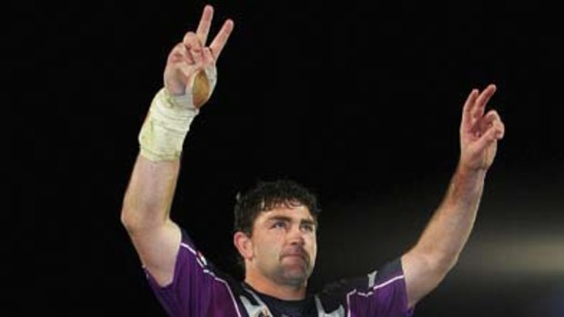 Robbie Kearns is carried from Olympic Park after his last game for Storm in 2005.