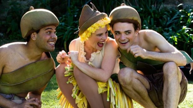 L-R Kerri Simpson (standing in for Kirk Page) as Cuddlepie, Georgia Adamson as Ragged Blossom, and Jacob Warner as Snugglepot, in May Gibbs' garden in Neutral Bay, Sydney. 12th May 2015 Photo: Janie Barrett