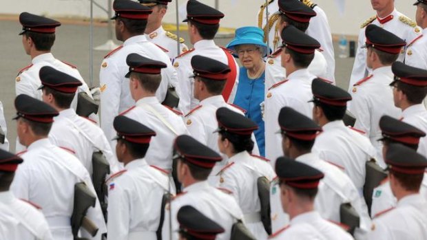 The Queen inspects cadets at Duntroon as part of the colours presentation ceremony.