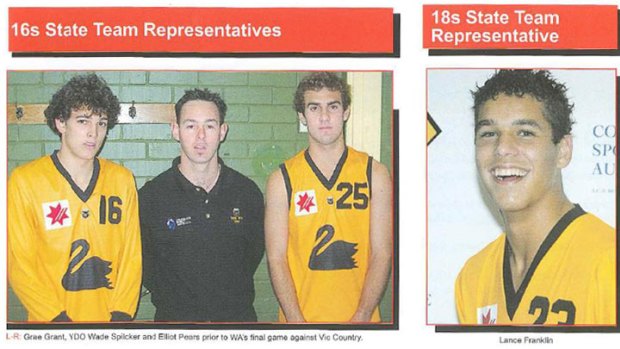 A Perth Football Club magazine shows Grae Grant (far left) in his under 16 state jumper. To the far right is a then-teenage Hawthorn superstar Buddy Franklin.