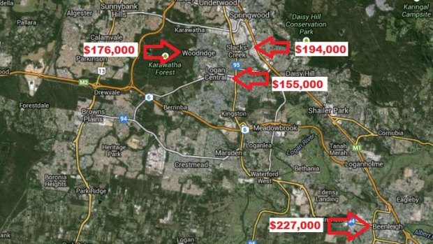The median unit prices in Logan Central, Woodridge, Slacks Creek and Beenleigh based on RP Data sales records for the past year.