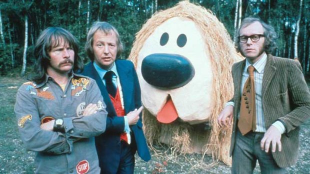 Bill Oddie, Tim Brooke-Taylor and Graeme Garden in an episode of <i>The Goodies</i>.