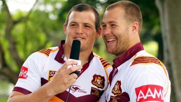 Game for a laugh &#8230; Brett Morris and Dragons and Country teammate Trent Merrin conduct an interview.
