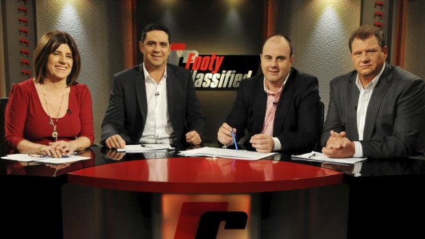 The team at <i>Footy Classified</i> are (from left) Caroline Wilson, Garry Lyon, Craig Hutchison and Grant Thomas.
