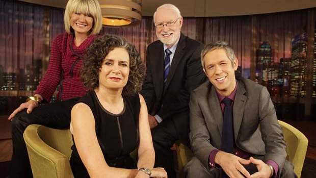 Margaret Pomeranz and David Stratton with stand-in presenters Judith Lucy and Jason Di Rosso.
