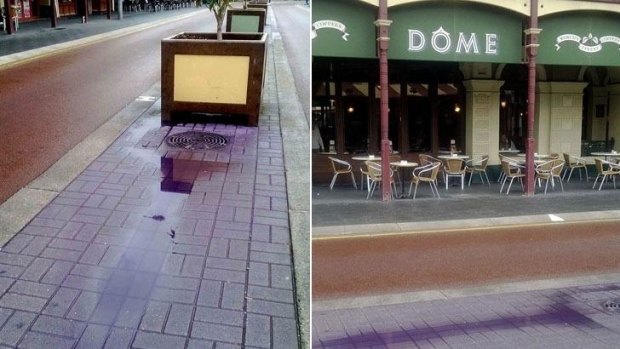 The same Fremantle strip after a deluge in 2013 which was no match for the chalk paint. Now the city has a more permanent solution.