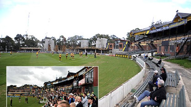 The crowd at Richmond's training session at Punt Road yesterday. Inset: The scene at Punt Road last year.