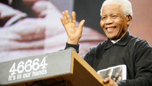 Former South African President Nelson Mandela  in 2008 onstage during the 46664 Concert In Celebration Of Nelson Mandela's Life held at Hyde Park in London.
