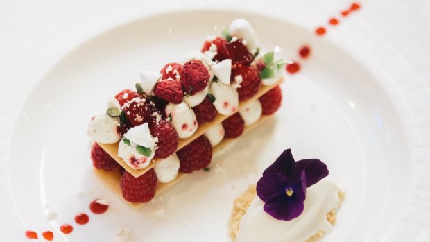 Restaurant review at Courgette on Marcus Clarke st. Fresh Raspberries and short bread mille feuille with malt ice cream