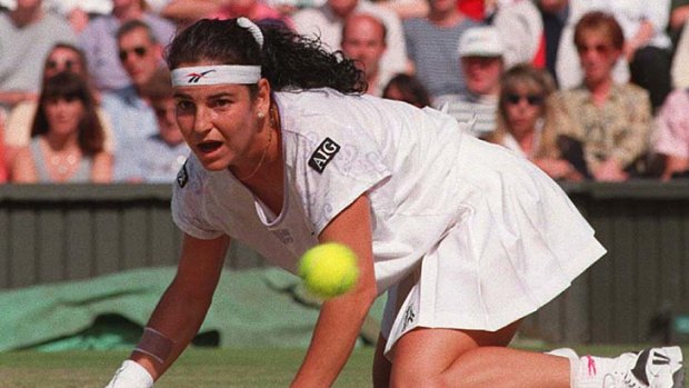 Top player ... Arantxa Sanchez-Vicario watches a shot from defending champion Steffi Graf go past her in the 1996 Wimbledon final.