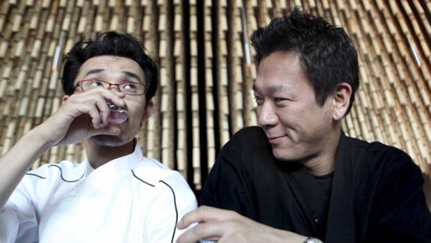 Refined taste ... chef Raita Noda and sake ‘‘master’’ Toshi Maeda share a brew at the Ocean Room at The Rocks.