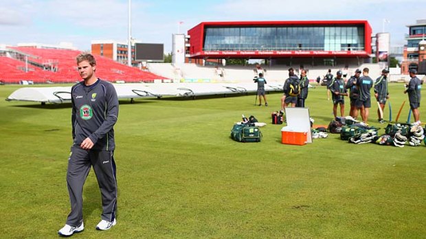 Steve Smith leaves the field during a nets session at Old Trafford on Tuesday.