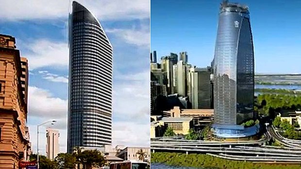 An artist's illustration of an alternative design for the Queensland Government's new headquarters in William Street (right) has been revealed. The approved design is shown on the left.