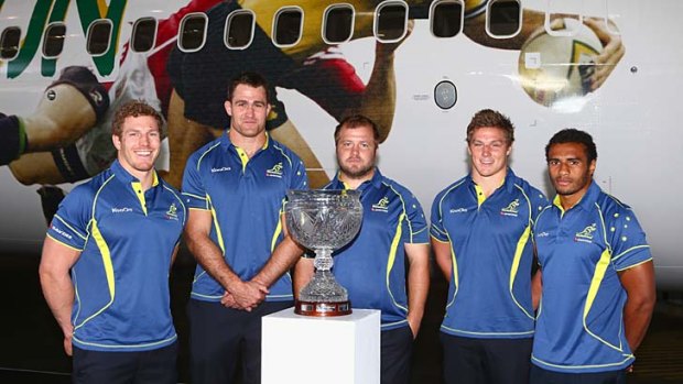 Lions challenge &#8230; David Pocock, James Horwill, Benn Robinson, Michael Hooper and Will Genia with the Tom Richards trophy at the new Qantas livery unveiling.