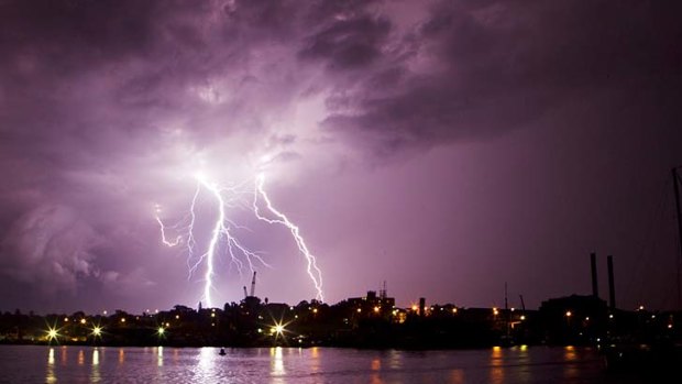 Sydney lashed ... an electrical storm passes through Rozelle Bay, Glebe last night.