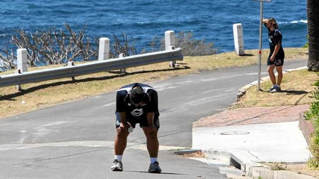 Feeling the heat: The Waratahs test the pain barrier on their first pre-season training run, in the steep streets of Coogee.