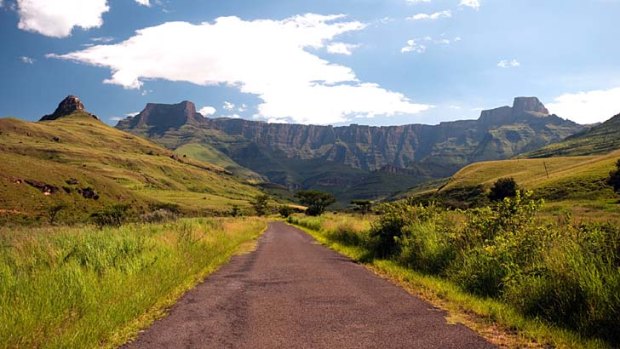 Happy trails: The Amphitheatre, Drakensberg Mountains, South Africa.